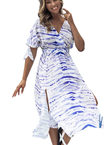 CUPSHE Damen Strandkleid Bikini Cover Up V Ausschnitt Knotenärmel Batikmuster Schlitz Tunika Freizeitkleider Sommer Maxi Dress Blau L von CUPSHE