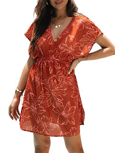 CUPSHE Damen Strandkleid Bikini Cover Up V Ausschnitt Kurzarm Blumenmuster Seitenschlitz Sommer Strandponcho Beach Mini Dress Orange L von CUPSHE