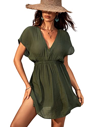 CUPSHE Damen Bikini Cover Up Strandkleid V Ausschnitt Kurzarm Seitenschlitz Sommer Beach Mini Dress Dunkelgrün L von CUPSHE