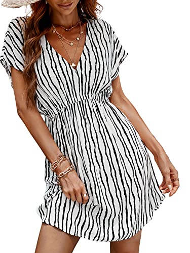 CUPSHE Damen Strandkleid Bikini Cover Up V Ausschnitt Kurzarm Seitenschlitz Streifenmuster Sommer Strandponcho Beach Mini Dress Weiße Streifen L von CUPSHE