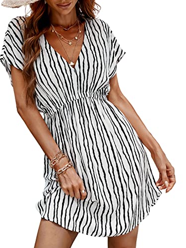 CUPSHE Damen Strandkleid Bikini Cover Up V Ausschnitt Kurzarm Seitenschlitz Streifenmuster Sommer Strandponcho Beach Mini Dress Weiße Streifen S von CUPSHE