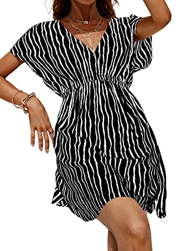 CUPSHE Damen Strandkleid Bikini Cover Up V Ausschnitt Kurzarm Streifenmuster Seitenschlitz Sommer Strandponcho Beach Mini Dress Schwarze Streifen M CUPSHE Damen Strandkleid Bikini Cover Up V Ausschnitt Kurzarm Streifenmuster Seitenschlitz Sommer Strandponcho Beach Mini Dress Schwarze Streifen M von CUPSHE