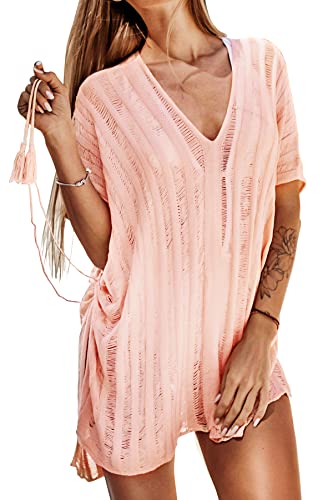 CUPSHE Damen Strandkleid Bikini Cover Up V Ausschnitt Seitenschlitz Sommer Sexy Strandponcho Mini Beach Dress Rosa von CUPSHE