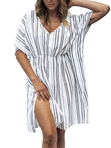 CUPSHE Damen Strandkleid Bikini Cover Up V Ausschnitt Seitenschlitz Streifen Tunika Freizeitkleid Sommer Beach Mini Dress Weiß von CUPSHE