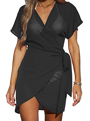CUPSHE Damen Strandkleid Bikini Cover Up Wickeloptik V Ausschnitt Durchscheinend Freizeitkleider Sommer Beach Wrap Mini Dress Schwarz M CUPSHE Damen Strandkleid Bikini Cover Up Wickeloptik V Ausschnitt Durchscheinend Freizeitkleider Sommer Beach Wrap Mini Dress Schwarz M von CUPSHE