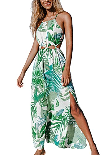 CUPSHE Damen Strandkleid mit Zierausschnitten Tropical Print Schlitz Sommerkleid Casual Strand Maxi Dress Grün L von CUPSHE