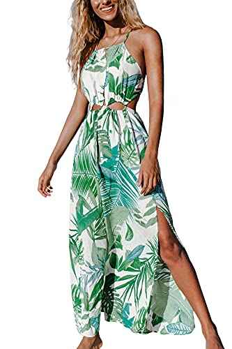 CUPSHE Damen Strandkleid mit Zierausschnitten Tropical Print Schlitz Sommerkleid Casual Strand Maxi Dress Grün XXL von CUPSHE