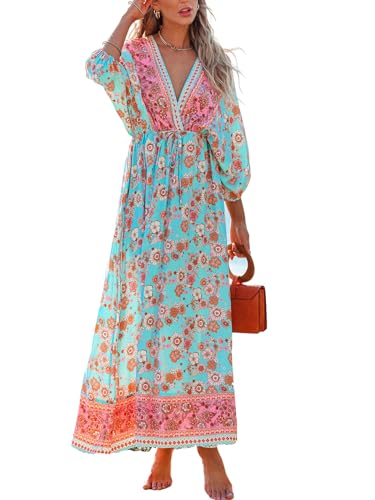 CUPSHE Damen Strandkleid Tiefer V Ausschnitt Paisley Blousonärmel Freizeitkleider Sommer Maxi Dress von CUPSHE