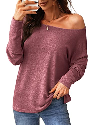 CUPSHE Damen Strick Casual Tops Langarm Schulterfrei Lose Pullover Oversized Crewneck Damen Sweatshirt Pullover Bluse Shirt, rot, Small von CUPSHE