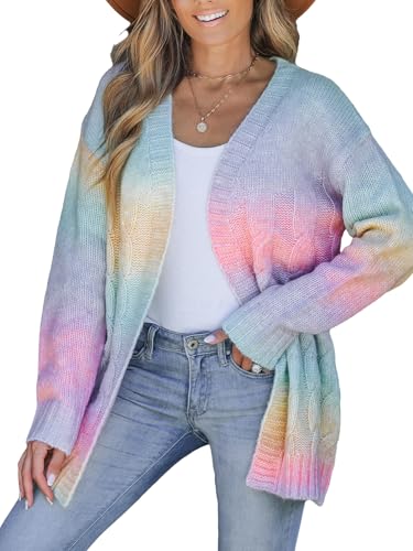 CUPSHE Damen Strickjacke Cardigan Langarm Zopfmuster Regenbogen Farbverlauf Strickmantel Outwear Sweater Regenbogenfarben XL von CUPSHE