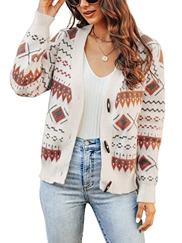 CUPSHE Damen Strickjacke Pullover Casual V Ausschnitt Knopfleiste vorne Herbst Strick Langarm Pullover mit Ethno Print, Beige, S von CUPSHE