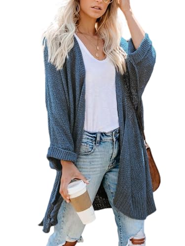 CUPSHE Damen Strickjacke Vorne Offen Kimono Langarm Häkelstruktur Cardigan Strickmantel Oversized Lang Lässig Strickpullover Outerwear Blau L von CUPSHE