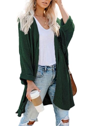 CUPSHE Damen Strickjacke Vorne Offen Kimono Langarm Häkelstruktur Cardigan Strickmantel Oversized Lang Lässig Strickpullover Outerwear Grün XS von CUPSHE