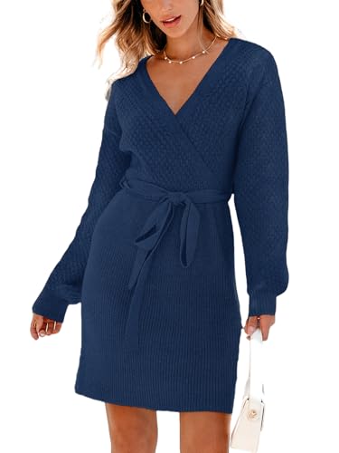 CUPSHE Damen Strickkleid Gerippt V-Ausschnitt Langarm Pulloverkleid Herbst Winter Elegant Pulli Kleider mit Gürtel Mini Dress Marineblau XL von CUPSHE