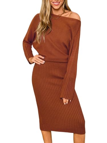 CUPSHE Damen Strickkleid One Shoulder Dolman-Ärmel Pulloverkleid Bodycon Lang Herbst Winter Elegant Pulli Midi Kleider Orange M von CUPSHE
