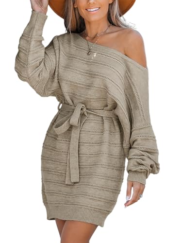 CUPSHE Damen Strickkleid One Shoulder Dolman-Ärmel Pulloverkleid mit Gürtel Boot-Ausschnitt Herbst Winter Elegant Pulli Kleider Mini Dress Khaki M von CUPSHE