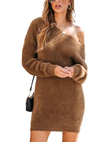 CUPSHE Damen Strickkleid Pullikleid One Shoulder Langarm Flauschiger Kuscheliger Longpullover Feinstrick Schulterfrei Pulloverkleid Braun S von CUPSHE