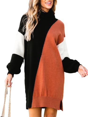 CUPSHE Damen Strickkleid Pullikleid Rollkragen Langarm Seitenschlitz Farbblock Feinstrick Longpullover Pulloverkleid lässig Knit Sweater Mini Dress Schwarz Orange L von CUPSHE