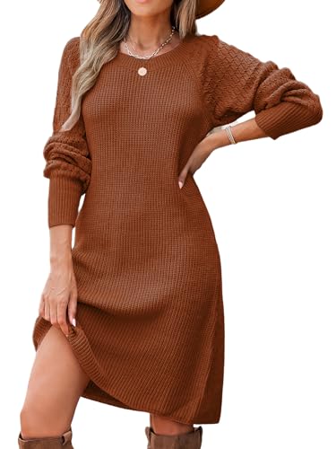 CUPSHE Damen Strickkleid Pullikleid Rundhals Wabenstrick Langarm Herbst Feinstrick Pulloverkleid Knit Sweater Mini Dress Braun M von CUPSHE