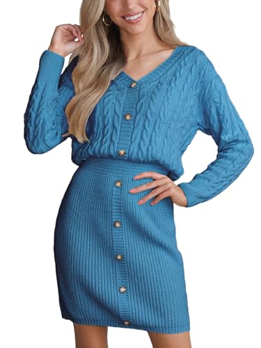 CUPSHE Damen Strickkleid Pullikleid V Ausschnitt Knöpfen Langarm Zopfmuster Herbst Winter Rippenstrick Pulloverkleid Knit Sweater Bodycon Mini Dress Blau S von CUPSHE