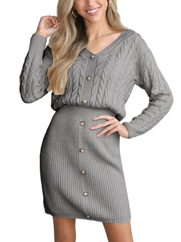 CUPSHE Damen Strickkleid Pullikleid V Ausschnitt Knöpfen Langarm Zopfmuster Herbst Winter Rippenstrick Pulloverkleid Knit Sweater Bodycon Mini Dress Grau L von CUPSHE