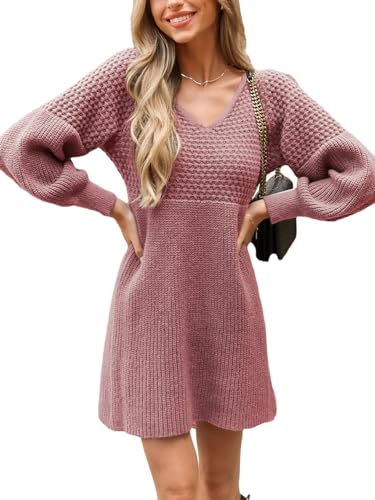 CUPSHE Damen Strickkleid Pullikleid V Ausschnitt Langarm Wabenmuster Feinstrick Pulloverkleid Knit Sweater Mini Dress Dusty Rose L von CUPSHE