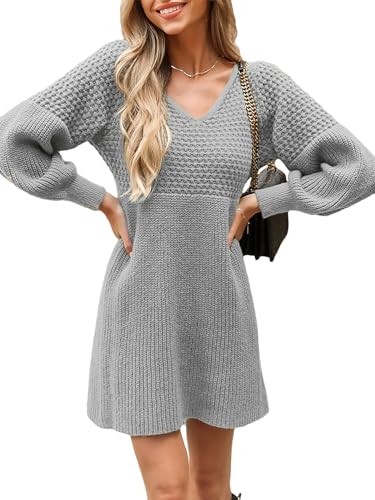 CUPSHE Damen Strickkleid Pullikleid V Ausschnitt Langarm Wabenmuster Feinstrick Pulloverkleid Knit Sweater Mini Dress Hellgrau S von CUPSHE