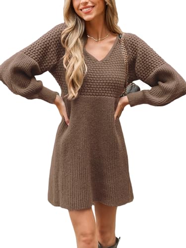 CUPSHE Damen Strickkleid Pullikleid V Ausschnitt Langarm Wabenmuster Feinstrick Pulloverkleid Knit Sweater Mini Dress Kaffee XS von CUPSHE