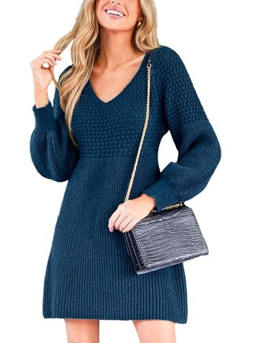 CUPSHE Damen Strickkleid Pullikleid V Ausschnitt Langarm Wabenmuster Feinstrick Pulloverkleid Knit Sweater Mini Dress Marineblau L von CUPSHE