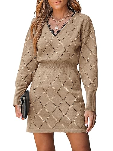 CUPSHE Damen Strickkleid Pullikleid V Ausschnitt Spitzeneinsatz Langarm Pointelle Feinstrick Pulloverkleid Knit Sweater Mini Dress Braun L von CUPSHE