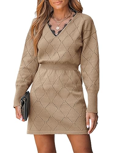 CUPSHE Damen Strickkleid Pullikleid V Ausschnitt Spitzeneinsatz Langarm Pointelle Feinstrick Pulloverkleid Knit Sweater Mini Dress Braun M CUPSHE Damen Strickkleid Pullikleid V Ausschnitt Spitzeneinsatz Langarm Pointelle Feinstrick Pulloverkleid Knit Sweater Mini Dress Braun M von CUPSHE