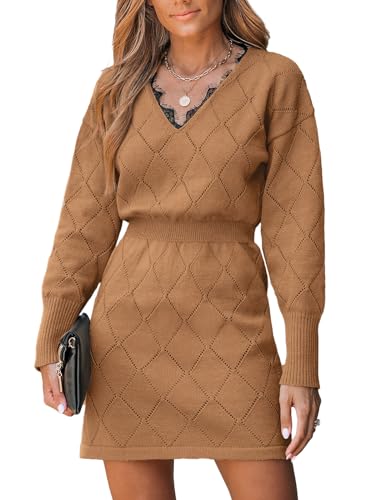 CUPSHE Damen Strickkleid Pullikleid V Ausschnitt Spitzeneinsatz Langarm Rautenmuster Feinstrick Pulloverkleid Pointelle Knit Sweater Mini Dress Dunkelbraun M von CUPSHE