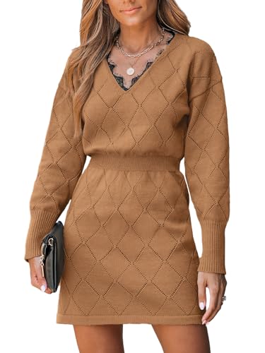 CUPSHE Damen Strickkleid Pullikleid V Ausschnitt Spitzeneinsatz Langarm Rautenmuster Feinstrick Pulloverkleid Pointelle Knit Sweater Mini Dress Dunkelbraun XS von CUPSHE