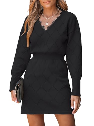CUPSHE Damen Strickkleid Pullikleid V-Ausschnitt Spitzeneinsatz Langarm Rautenmuster Feinstrick Pulloverkleid Pointelle Knit Sweater Mini Dress Schwarz S von CUPSHE