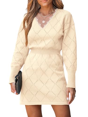 CUPSHE Damen Strickkleid Pullikleid V Ausschnitt Spitzeneinsatz Langarm Rautenmuster Feinstrick Pulloverkleid Pointelle Knit Sweater Mini Dress Weiß L von CUPSHE