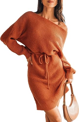 CUPSHE Damen Strickkleid Pulloverkleid One Shoulder Langarm Asymmetrisch Herbst Winter Rippenstrick Pullikleid Knit Sweater Dress Orange S von CUPSHE