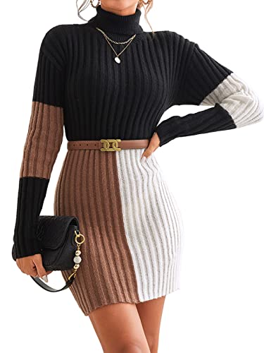 CUPSHE Damen Strickkleid Pulloverkleid Rollkragen Lange Ärmel Farbblock Bodycon Pulli Herbst Winter Kleider Knit Sweater Dress Mehrfarbig M von CUPSHE