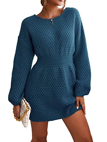 CUPSHE Damen Strickkleid Pulloverkleid Rundhals Grobstrick Strukturierter Pulli Lässig Knit Sweater Tunika Mini Dress Blau XL von CUPSHE