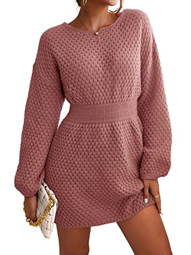 CUPSHE Damen Strickkleid Pulloverkleid Rundhals Grobstrick Strukturierter Pulli Lässig Knit Sweater Tunika Mini Dress Rosa XS von CUPSHE