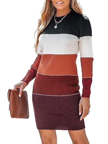 CUPSHE Damen Strickkleid Pulloverkleid Rundhals Langarm Farbblock Pulli Herbst Winter Kleider Bodycon Knit Sweater Dress Orange M von CUPSHE