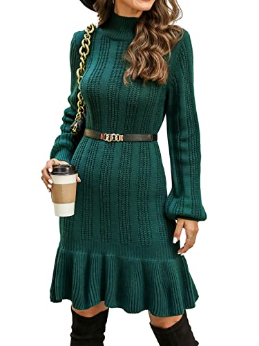 CUPSHE Damen Strickkleid Pulloverkleid Stehkragen Langarm Rüschensaum Feinstrick Pulli Elegant Knit Sweater Mini Dress Grün S von CUPSHE