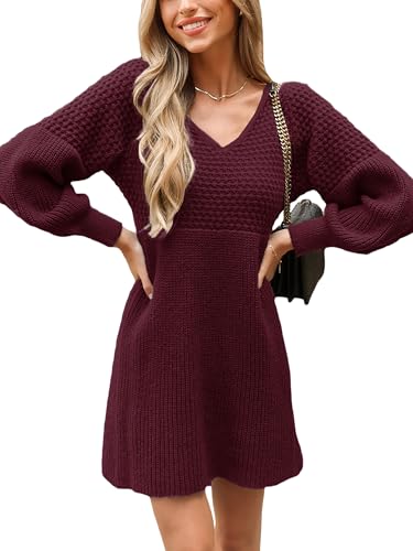 CUPSHE Damen Strickkleid Pulloverkleid V Ausschnitt Langarm Wabenmuster Feinstrick Pullikleid Knit Sweater Mini Dress Burgunder L von CUPSHE
