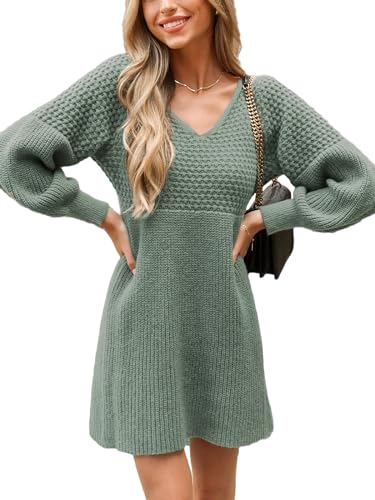 CUPSHE Damen Strickkleid Pulloverkleid V Ausschnitt Langarm Wabenmuster Feinstrick Pullikleid Knit Sweater Mini Dress Dusty Green M von CUPSHE