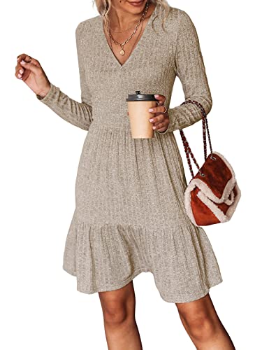 CUPSHE Damen Strickkleid Pulloverkleid V Ausschnitt Lange Ärmel Volants Herbst Pulli Minikleider Elegant Knit Sweater Dress Sand L von CUPSHE