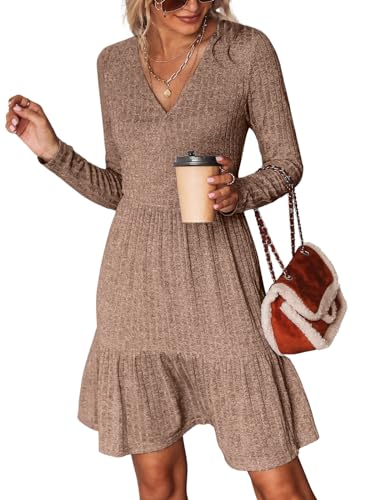 CUPSHE Damen Strickkleid Pulloverkleid Wickeloptik V Ausschnitt Rüschensaum Herbst Winter Pulli Minikleider Elegant Knit Sweater Dress Braun M von CUPSHE