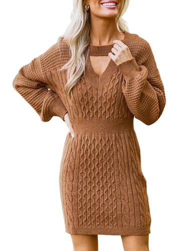 CUPSHE Damen Strickkleid Rundhals Cutout Pulloverkleid Lange Puffärmel Winter Elegant Sweater Knit Mini Dress Kamel S von CUPSHE