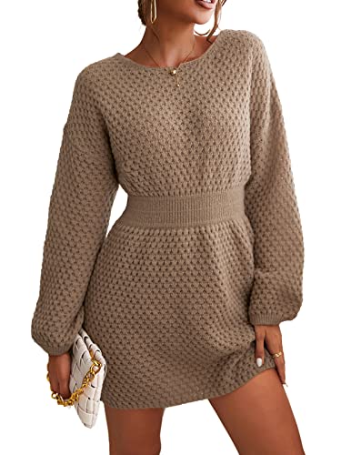 CUPSHE Damen Strickkleid Rundhals Langarm Grobstrick Pulloverkleid Winterpullover Strickpulli Lässig Sweater Knit Mini Dress Kaffee M von CUPSHE