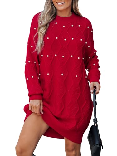 CUPSHE Damen Strickkleid Rundhals Langarm Pulloverkleid Kunstperlen Zopfmuster Herbst Winter Elegant Pulli Kleider Mini Dress Rot L von CUPSHE