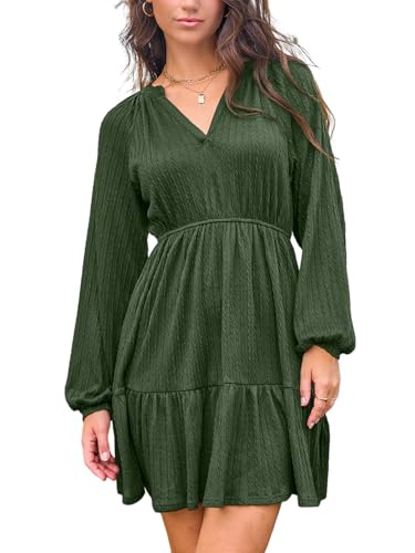 CUPSHE Damen Strickkleid V-Ausschnitt Langarm Herbst Freizeitkleider Rüschen A-Linie Lässig Elegant Mini Dress Olivgrün L von CUPSHE