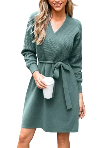 CUPSHE Damen Strickkleid V-Ausschnitt Langarm Pulloverkleid Gerippt Wickeloptik Winter Elegant Sweater Knit Mini Dress Staubiges Grün L von CUPSHE